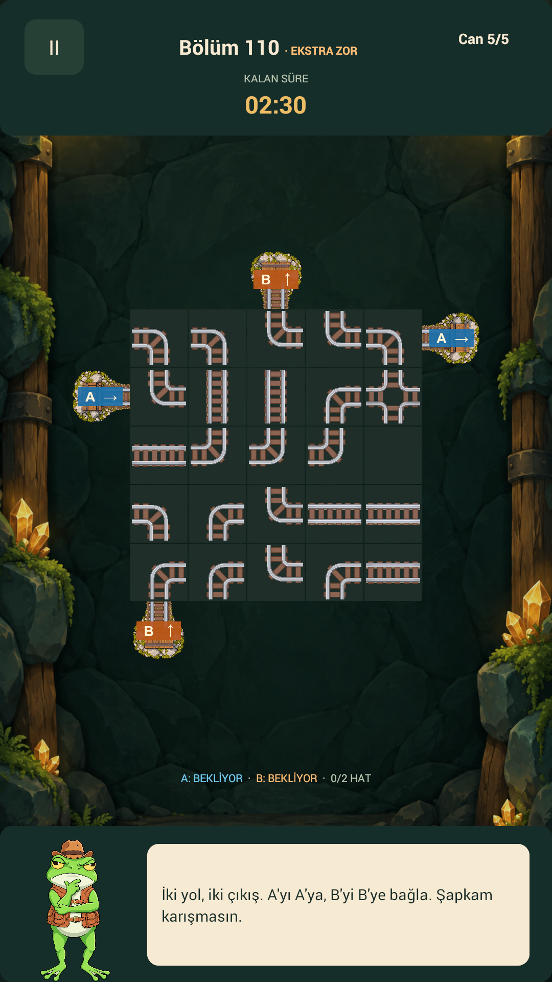 Adventurer Frog’da iki farklı ray hattının bulunduğu oyun ekranı