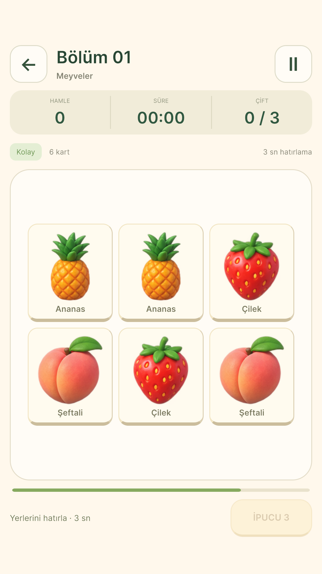 Pair Up meyveler temasında ananas, çilek ve şeftali eşleştirme kartları